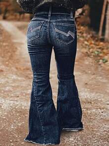 女士新款刺绣流苏高腰喇叭牛仔裤，休闲春季款 - 藍色 - 查看 4