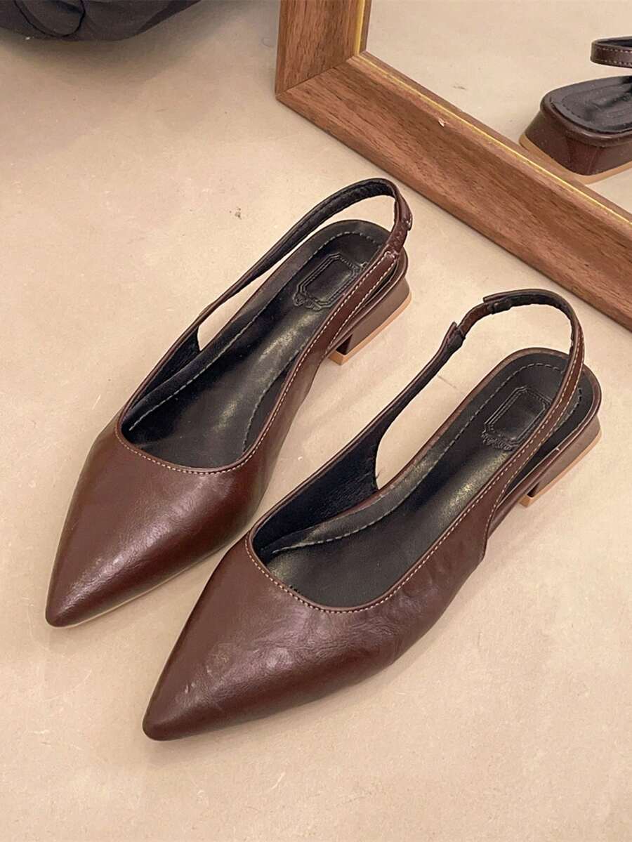 Women Flat Pointed Toe Slingback Brown Mules, Solid Color Fashion Versatile Low Heel Backless Slippers - Brown - View 1