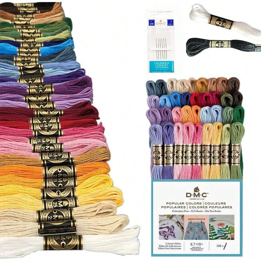 Paquete de Hilos de Bordar DMC, Colores Populares, Hilos de Bordar DMC, Kit de Hilos DMC que Incluye un Paquete Surtido de 36 Colores con Algodón Mouline Blanco/Negro DMC y Agujas de Mano para Punto de Cruz DMC. - Multicolor - Ver 1