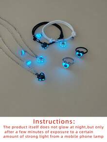 ATLVXJL 6pcs/Set Hollow Heart Shaped Projection Bead Luminous Necklace, Bracelet, Ring Jewelry Set, Casual Couple Accessories Suitable For Daily Wear And Valentine's Day Gift - Multicolor - View 9