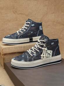 Men's Retro High-Top Skateboard Shoes, Comfortable Anti-Slip Casual Lace-Up Canvas Sneakers Suitable For Outdoor Activities