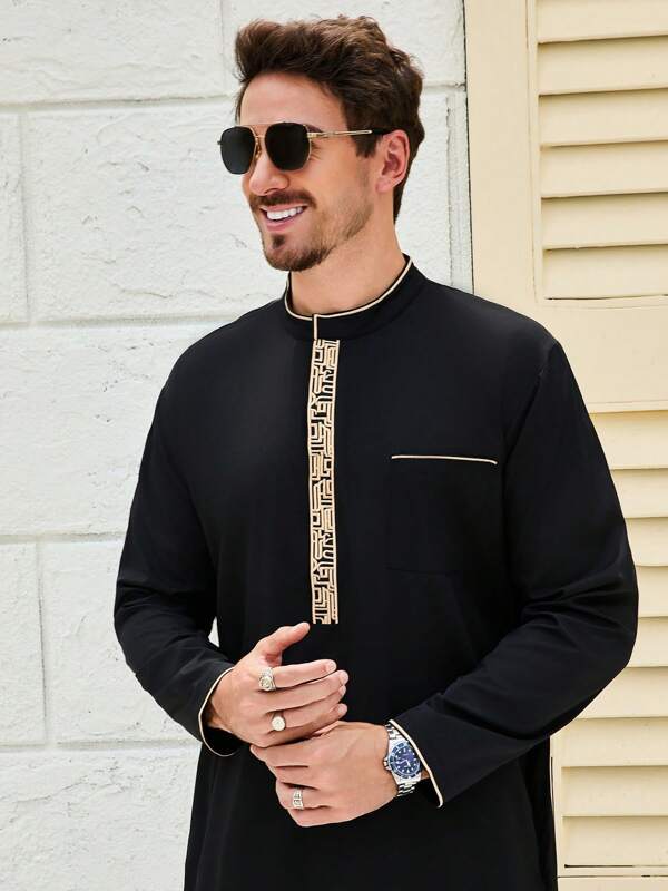 Men's Long Sleeve Casual Style Asymmetrical Striped Collar Classic Simple Solid Color Polyester Fabric Arab Robe, Black