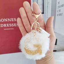 Christmas Festival Gifts Home Decorations-White Initial Letter Keychain With Soft Fluffy Fur Ball Pom-Pom Women Sweet Bag Purse Charm A-Z 26 Letter Pendant