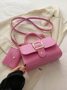 مجموعة من 2 حقيبة بمقبض علوي باللون الوردي، حقيبة كتف من جلد البولي يوريثان، حقيبة يد أنيقة للنساء مع محفظة نقود