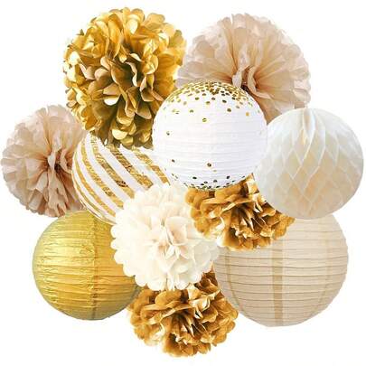 11pcs/Set Gold Plush Ball Lanterns Decorations, Suitable For Party, Wedding, Celebration, Gender Reveal, Birthday, Festival Gathering, Indoor & Outdoor Decor