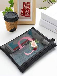 1个花卉烫金印花网眼化妆包，透气设计防止旅行洗漱用品受潮，时尚外观，拉链封口，可折叠且不易褪色。 - 彩色 - 查看 6