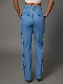 Pantalones de pierna ancha con cintura alta, efecto lavado, con volantes y cordón en estilo de moda callejera europea y americana