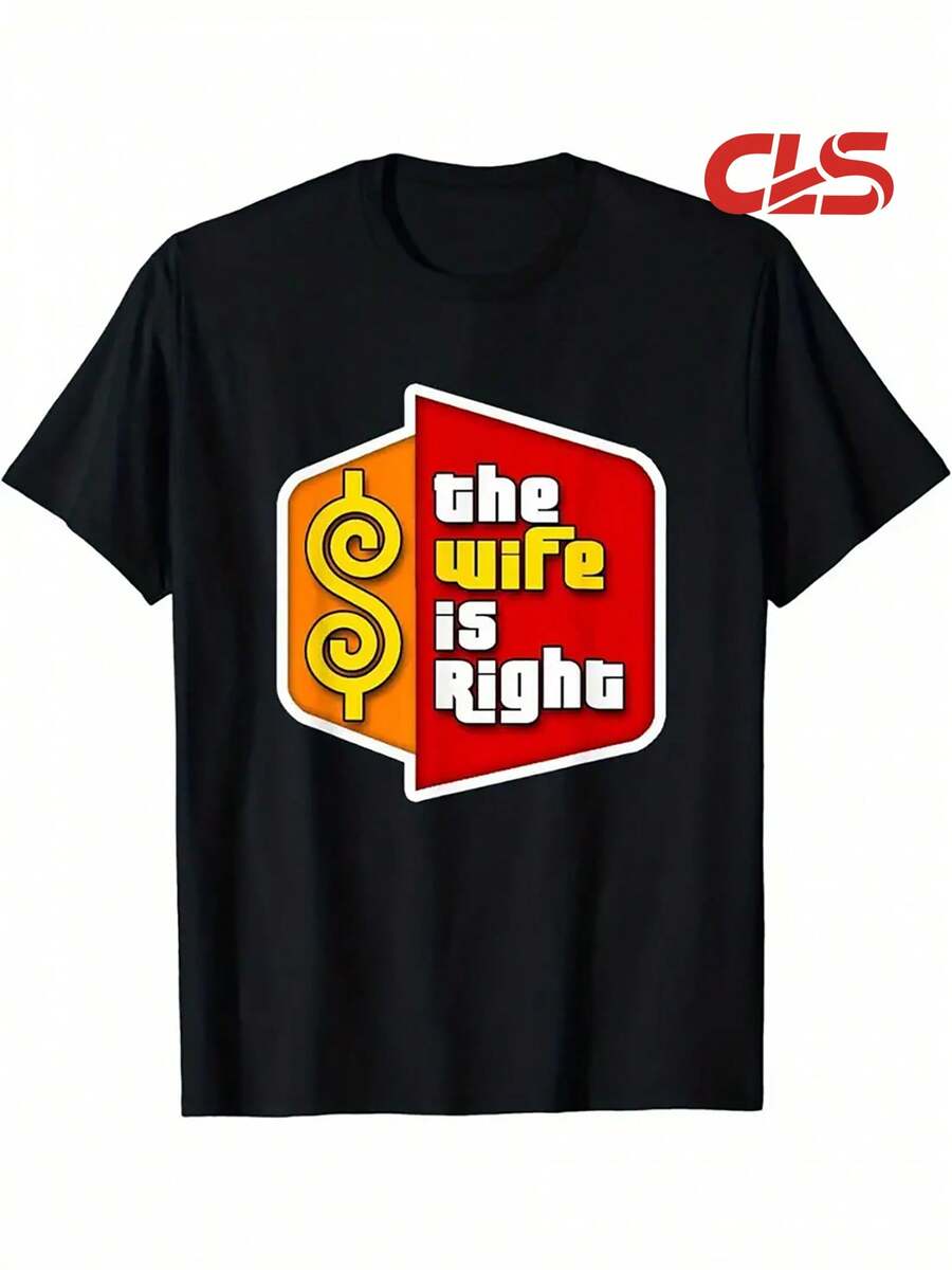 Plus Size Fun - Style "The Wife Is Right" Pattern T - Shirt - 100% Cotton Round Neck Black Humorous Style For Men Gifts Big And Tall Men Clothing - 黑色 - 查看 1
