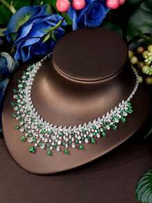 1 Set Dazzling Green Gemstone Necklace Earrings 4pcs Suit, Cubic Zirconia Suitable For Party, Cocktail, Wedding, Bride, MC Formal Dress Accessories