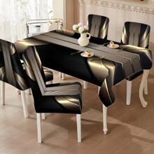 1/4/5/6/7 Stücke Stuhlhussen-Tischdecken-Set, 5 Stücke Set/7 Stücke Set (1 Tischdecke + 4 Stuhlhussen oder 1 Tischdecke + 6 Stuhlhussen) Schwarz und Gold, einfach und retro, elegante und prachtvolle geometrische Druckmuster / Stuhlhussen-Set, geeignet für Inneneinrichtung Zuhause, Restaurant, Hotel, moderne Alltagsdekoration. Tischdecke für quadratische Tische geeignet, elastische Stuhlhussen waschbar