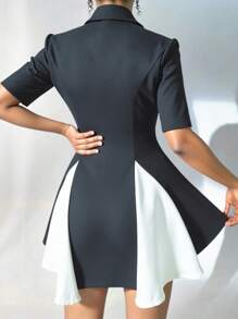 Vestido Linha-A Elegante com Cintura Marcada, Design de Contraste Preto e Branco, Confortável para o Dia a Dia/Trabalho