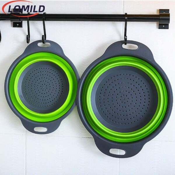 LOMILD - Cesta de drenaje plegable grande/pequeña, Cesta de lavado de frutas y verduras de cocina, Cesta de drenaje redonda de silicona de uso múltiple, Colador para lavar frutas para camping al aire libre, Utensilio de limpieza para comidas al aire libre, Herramienta de cocina para camping