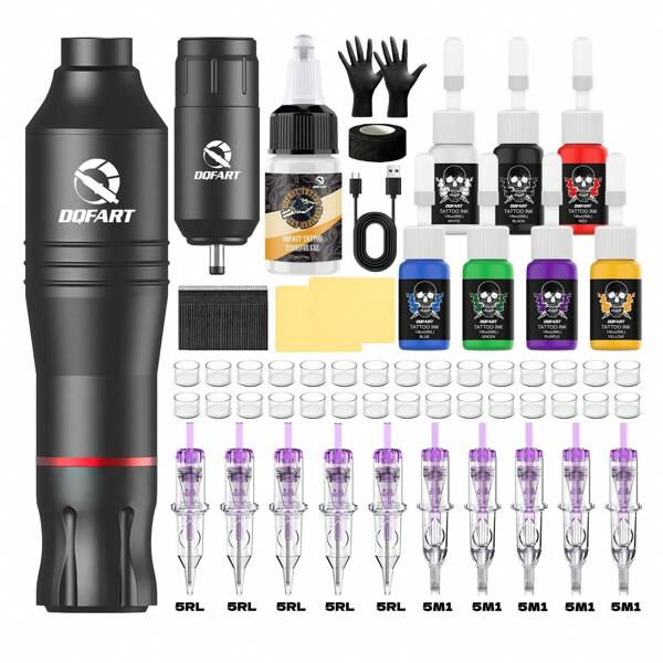DQFART Kit de máquina de tatuaje inalámbrica - Kit de tatuaje completo. Contiene una variedad de suministros y accesorios para tatuajes. Adecuado para principiantes y artistas, es una variedad de regalos festivos para familiares, amigos y parejas