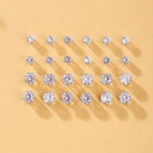 72pcs/24pcs Simple Round, Square, Heart Shape Cubic Zirconia Stud Earring Set, Casual Everyday, Party, Holiday, Fashion Jewelry Gift For Friends, Family, Girlfriend, Suitable For Christmas And Year-Round Wear