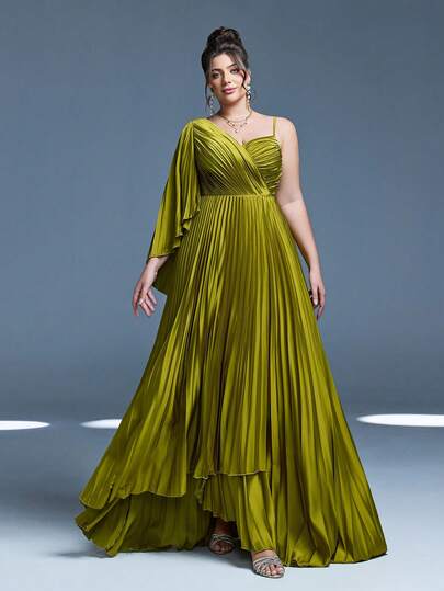 Vestido largo asimétrico de satén con cintura alta y abertura, plisado en forma de palillo de dientes, un solo hombro y escote en V, nuevo diseño elegante de dama de honor de Mgiacy