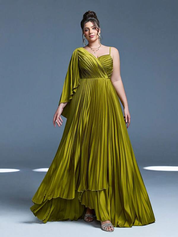 Mgiacy New Arrival V Neck One Shoulder Elegant Bridesmaid Dress Toothpick Pleat High Slit Asymmetrical Satin Long Dress