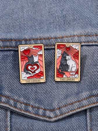 2pcs/Set Cute Cat Couple "The Lovers" Card Enamel Brooch, Fashionable Clothing Accessories For Girls, Perfect Friendship Gifts