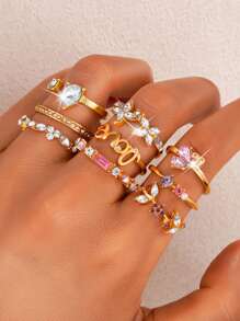 Conjunto de 9 peças (não ajustável) com anéis glamorosos de borboleta, flor, folha e strass para mulheres, perfeito para encontros, férias em resorts, festas de gala e uso diário