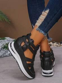 Zapatillas de cuña y plataforma para mujer de otoño/invierno, nuevos zapatos casuales de suela plana y transpirables para damas en verano, sandalias con aumento de altura - Negro - Ver 6