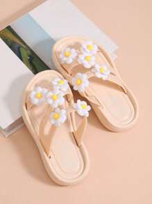 1 Pair Girls 2-8 Years Floral PVC Anti-Slip Water Sandals, Flat Princess Style Beach Slippers
