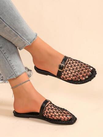 女士大码新款拖鞋，夏季时尚简约舒适包头网眼镂空透气防滑轻便沙滩户外凉鞋，黑色，棕色