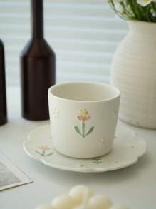 1 pieza Juego de taza y platillo de cerámica con asa, elegante taza de té con relieve floral pequeño y mariposa, taza de café/té de moda con asa, taza de agua para el hogar de vuelta a la escuela