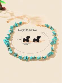 3pcs Boho Chic Irregular Turquoise Beads Chain Collar Necklace Black Petal Stud Earrings Summer Beach Vacation Jewelry Set