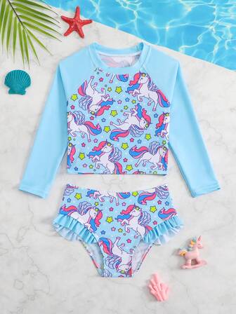 2件套女童夏季比基尼泳衣套装，包括1件长袖泳衣和1件荷叶边泳裤，适合海滩度假、泳池派对和户外活动。