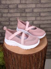 1 Pair Girls' Breathable Mesh Slip-On Athletic Shoes, Elastic Strap Decor, Soft Uppers, Suitable For Outdoor Activities In Spring & Summer - Watermelon Pink - View 1