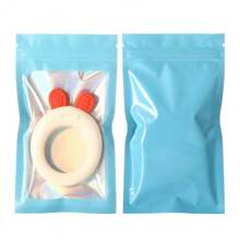 50 piezas Bolsas transparentes con cierre automático de color azul, bolsas resellables para almacenamiento de alimentos para caramelos, gomitas, bolsas de papel de aluminio, regalos de fiesta, suministros para bodas y cumpleaños, decoraciones para el hogar y fiestas - Celeste - Ver 7