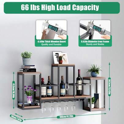 HaroldDol Wandmontierter Weinregal aus natürlichem Massivholz und geschmiedetem Eisen Weinhalter, Barregale für Spirituosenflaschen, Weinaufbewahrung und wandmontierter Weinglashalter für Bar und Küchendekoration Zuhause