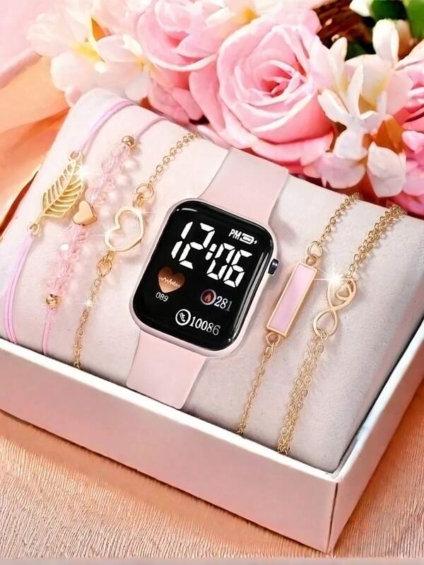 Set van 6 stuks: 1 digitaal LED-horloge met vierkant elektronisch patroon + 5 armbanden, zwart koord, zwarte kralen, hartvormige armband met 8-vormige bladeren, vintage zwarte geometrische vierkante armbandset van 5, figuur 8, hart, geometrisch vierkant, blad