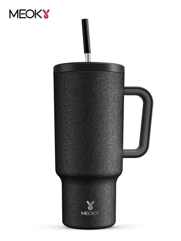 Vaso de 40 oz con asa, vaso aislado, botella de agua al vacío aislada, tapa y pajita a prueba de fugas, taza de café aislada de acero inoxidable para viaje, mantiene frío hasta 34 horas u caliente hasta 10 horas (Agrietado de hielo mate)