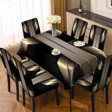 1/4/5/6/7 Stücke Stuhlhussen-Tischdecken-Set, 5 Stücke Set/7 Stücke Set (1 Tischdecke + 4 Stuhlhussen oder 1 Tischdecke + 6 Stuhlhussen) Schwarz und Gold, einfach und retro, elegante und prachtvolle geometrische Druckmuster / Stuhlhussen-Set, geeignet für Inneneinrichtung Zuhause, Restaurant, Hotel, moderne Alltagsdekoration. Tischdecke für quadratische Tische geeignet, elastische Stuhlhussen waschbar