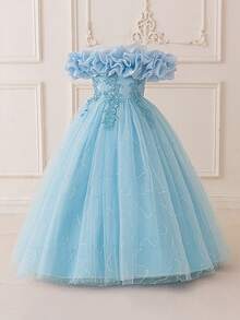 Tween Girls Ruched Off-Shoulder Pink Party Dress With 3D Floral Embroidery, Elegant Children Clothing For Birthday Party, Wedding, Graduation, Prom - Blue - View 3