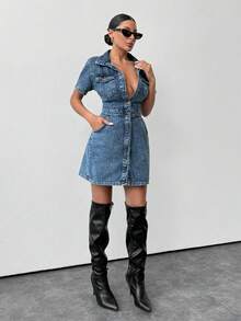 Women's Summer Perfect For Fall Denim Dress A Shape With Pocket Details - Medium Wash - View 2