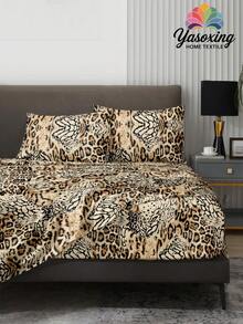 4pcs Leopard Print Bedding Set, Soft Microfiber Bedding Set With Floral Pattern (1 Bed Sheet + 1 Fitted Sheet + 2 Pillowcases), Fitted Sheet Set, Multiple Sizes, Deep Pocket Design Fits Up To 11.8 Inches, Soft & Breathable, Wrinkle-Resistant - Coffee Brown - View 4