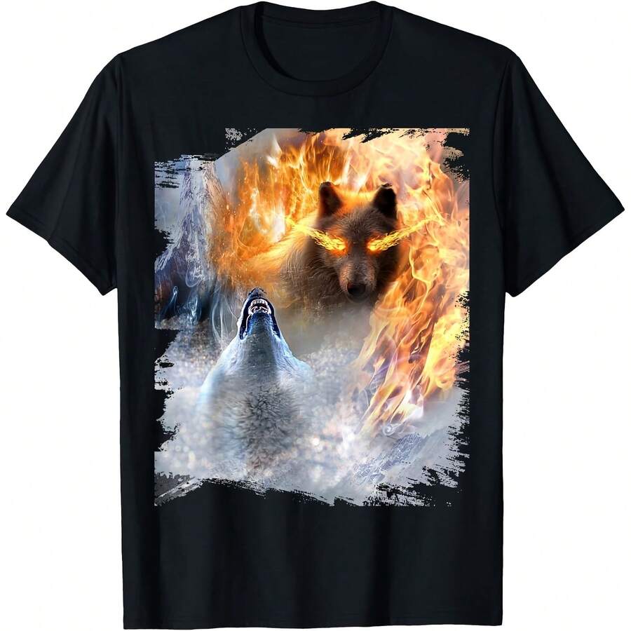 Fire And Ice Wolf Snowy Good And Evil Woes T-ShirtWo's 220g Thick Cotton T-Shirt With Butterfly Print Pattern, Suitable For Girls And Wo's Short Sved Round Neck Inspirational Shirt, Cute Aesthetic Y2K Style Summer Top, Suitable For Outdoor, Family, Work Or Street Wear Casual Loose Daily T-Shirt - Black - View 1