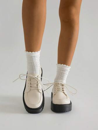 1 Pair Plain Preppy College Style PU Leather Lace-Up Thick Sole Shoes, British Retro Loafers For Office/Outdoor Wear, All Seasons
