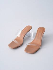 Clariva 女士夏季新款透明高跟鞋，时尚拖鞋，水晶粗跟百搭凉鞋，性感派对宴会鞋，圣诞礼物 - 無色 - 查看 10