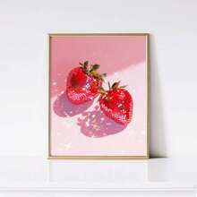 1/3 piezas Obra de arte de fresas, arte de pared de estilo moderno, fondo rosa con fresas rojas, obra de arte en lienzo de frutas dulces y jugosas, regalo ideal para decoración de cocina, comedor, dormitorio, oficina, sala de estar, hogar y dormitorio, sin marco / enmarcado - Multicolor - Ver 3