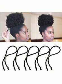 5pcs Set Black Adjustable Hair Tie Hair Scrunchies, African Curly Ponytail Holders, Suitable For Daily Use