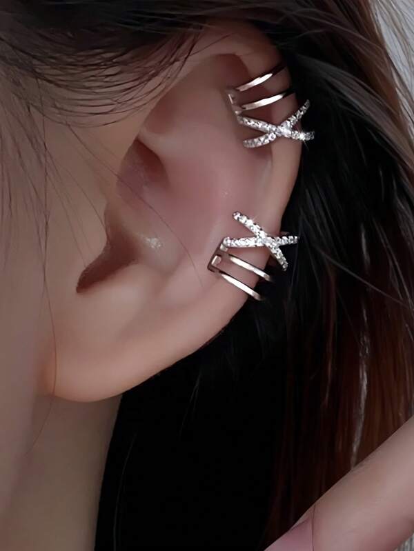 1pc Fashionable French Style Rhinestone Decorated Multi-Layer Crossed C-Shaped Ear Cuff, Suitable For Women's Daily, Festival, Party Wear