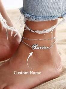 Customized Double-Layer Name Anklet, Summer Jewelry, Stainless Steel Name Anklet, Fashionable Personalized Double-Layer Beaded Cross Chain Anklet, Beach Resort Anklet Accessory, Sexy Anklet - Multicolor - View 3