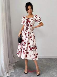 Vestido casual de verão, elegante e romântico, com estampa floral de rosas, manga bufante e cordão, comprimento midi