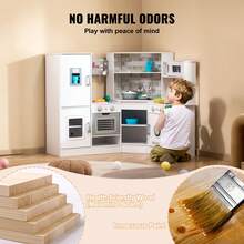 Cocina de juguete de madera esquinera, juego de juguetes con luces y sonidos, cocina infantil con máquina de hielo, horno, fregadero, reloj, microondas, refrigerador y accesorios, para niños pequeños y preescolares, color blanco - Blanco - Ver 4