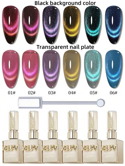  XEIJAYI Esmalte de uñas en gel de doble tono efecto gato con ojos de 15ml, efecto chispeante y translúcido para salón, 6 colores para elegir, manicura DIY de calidad - Con barra magnética incluida