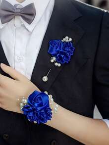 1件装女士手腕花朵伴娘新娘婚礼手链，人造红玫瑰和向日葵派对手链装饰情人节配饰 - A 寶藍色 - 查看 3