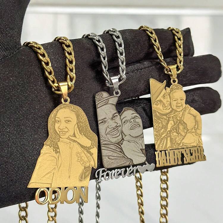 个性化不锈钢照片项链，定制 5 毫米链，带有照片和名字，适合送给家人和朋友的节日礼物 - 金色 - 查看 4