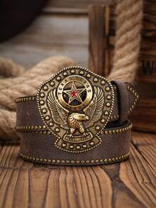 1 条男女通用西部牛仔风格休闲时尚 PU 皮带，印花铆钉装饰金属扣，复古个性，多色可选 - 老鷹 - 查看 3